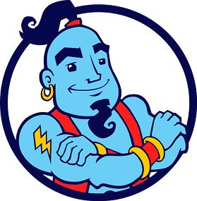 Blue cartoon genie with a goatee and topknot, wearing gold hoop earring and red armbands, crossing arms inside a circular emblem.