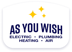 As You Wish logo with yellow stars above the navy name and services: electric, plumbing, heating, air