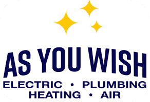AS YOU WISH logo with yellow starbursts above blue curved text and service list: Electric, Plumbing, Heating, Air