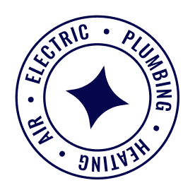 Blue circular logo/seal with a four-point star in the center and the text 'Electric Plumbing Heating' around the edge.